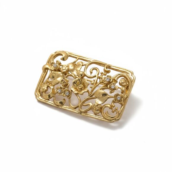 Vintage Goldtone Floral and Leaf Rectangle Brooch - Picture 1 of 6